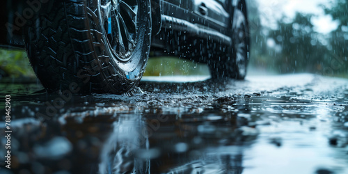 Precise focus on raindrops on a tire with the reflective wet road  capturing the mood of a rainy day