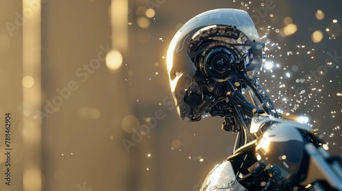 AI Artificial Intelligence ASI security robot guarding in futuristic building particles and orbs floating bokeh background