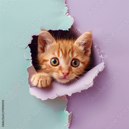 A tiny ginger kitten with mesmerizing blue eyes peeks through torn purple paper, showing a mix of curiosity and cuteness