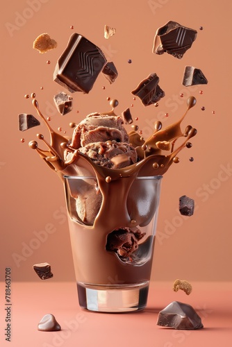 A chocolate ice cream and milkshake with chocolate and caramel toppings, falling chocolate pieces, and cookie crumbs. photo