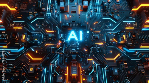 a circuit featuring bold capitalized letters AI in the center.  Artificial Intelligence