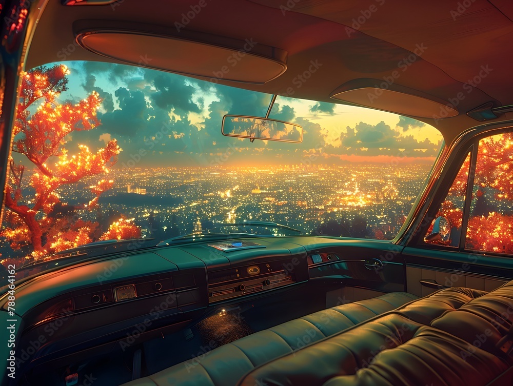 Fototapeta premium Breathtaking Urban Sunset Cityscape Viewed Through Car Windshield Amidst Autumn Foliage