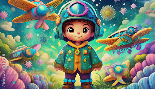 oil painting style cartoon character Multicolored cute baby child in a pilot costume