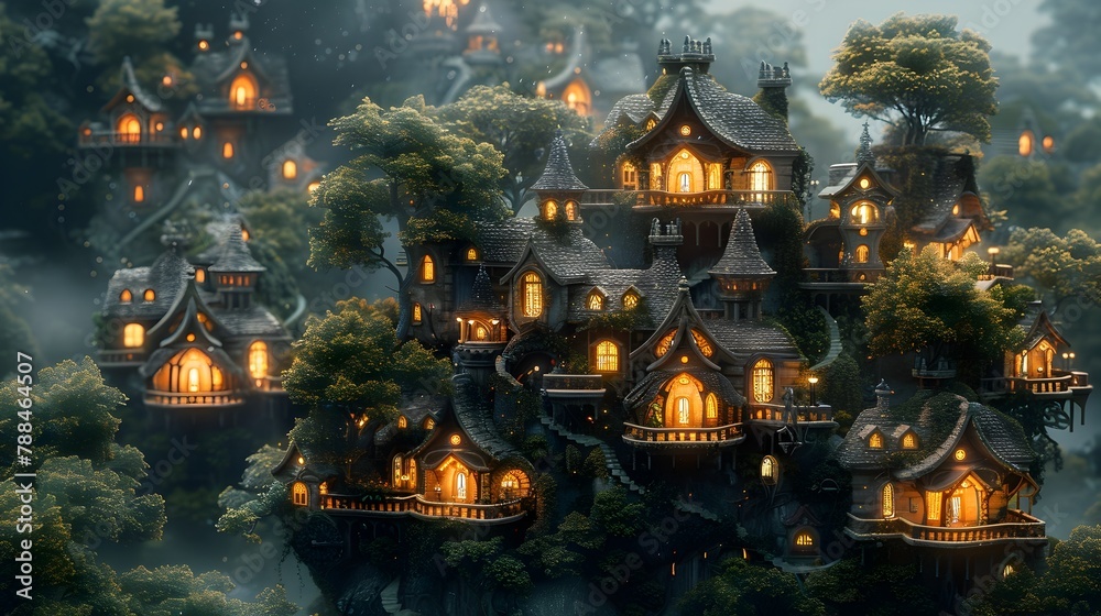 Enchanting Fairy Tale Village Nestled in Mystical Forested Landscape with Glowing Illuminated Cottages and Cabins