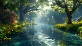 Enchanting Misty River Flowing Through a Lush Fairytale Forest Landscape with Reflections and Dappled Sunlight