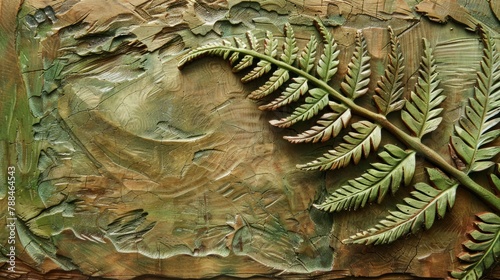 Abstract floral carving background with wooden texture, carved forest fern leaves, botanical hand made ornament, organic shapes, natural eco color palette, AI generated