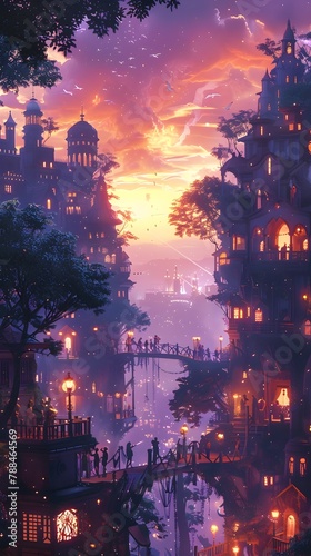 Enchanting Riverside Metropolis Aglow with Magical Illumination at Dusk