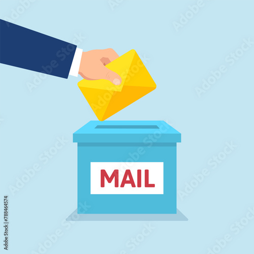 Hand puts envelope into the mail box. Vector illustration.