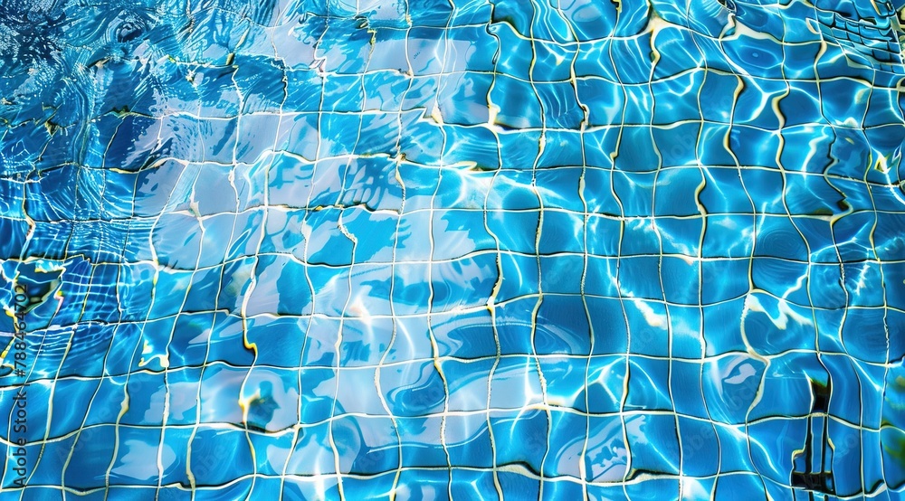 A close-up view of sunlight reflecting on the clear blue water of a tiled swimming pool A close-up view of sunlight reflecting on the clear blue water of a tiled swimming pool
