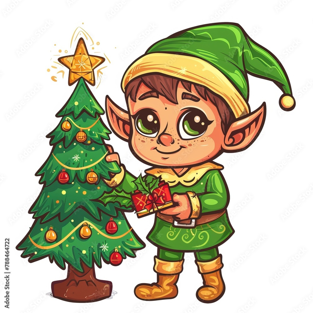 A cheerful cartoon elf is decorating a Christmas tree
