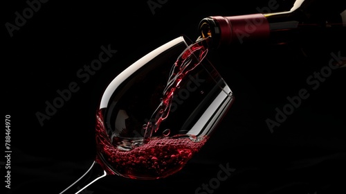 Red wine pouring to bordeaux glass on table pure black background