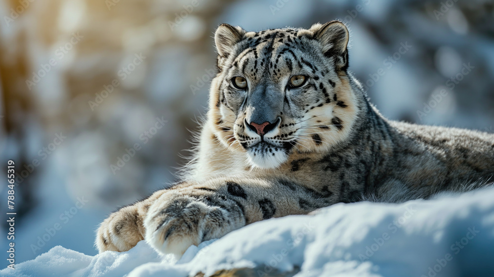 Snow leopard, majestic predator, poses amidst snowy landscape, its spotted fur blending seamlessly with the environment Snow leopard, majestic predator, poses amidst snowy landscape, its spotted fur blending seamlessly with the environment