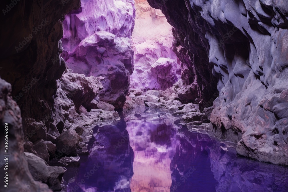Geological Purple cave rock curve. Cavern interior. Generate Ai
