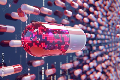 Illustrate a digital 3D rendering of a personalized medicine capsule floating in a pixelated, glitch art-inspired environment Capture the essence of innovation and customization