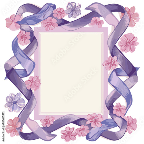 photo frame with a pastel pink finish, embellished with a cascade of colorful blossoms and a delicate purple ribbon