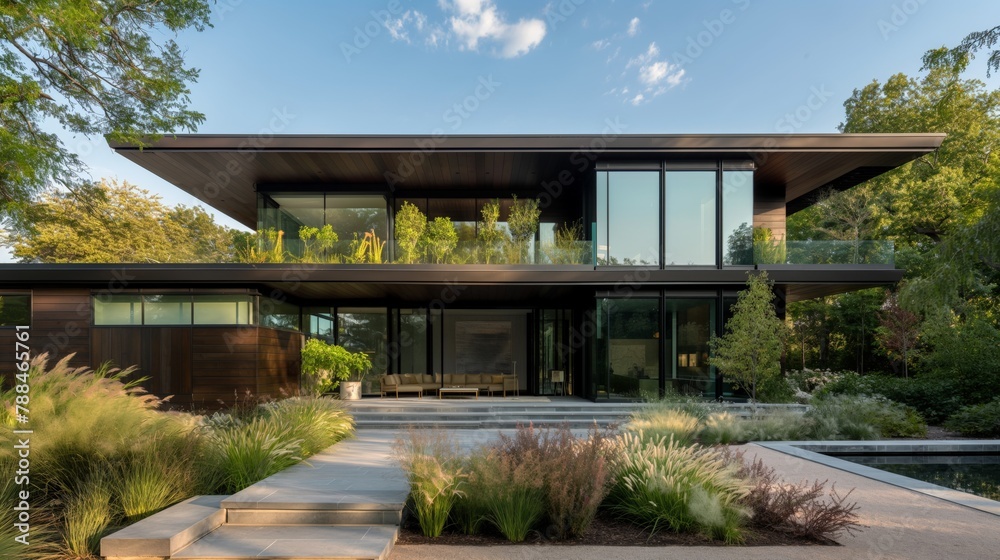 American style mansion house home square roof two-storey green lawn stone walk way small bushes trees in background