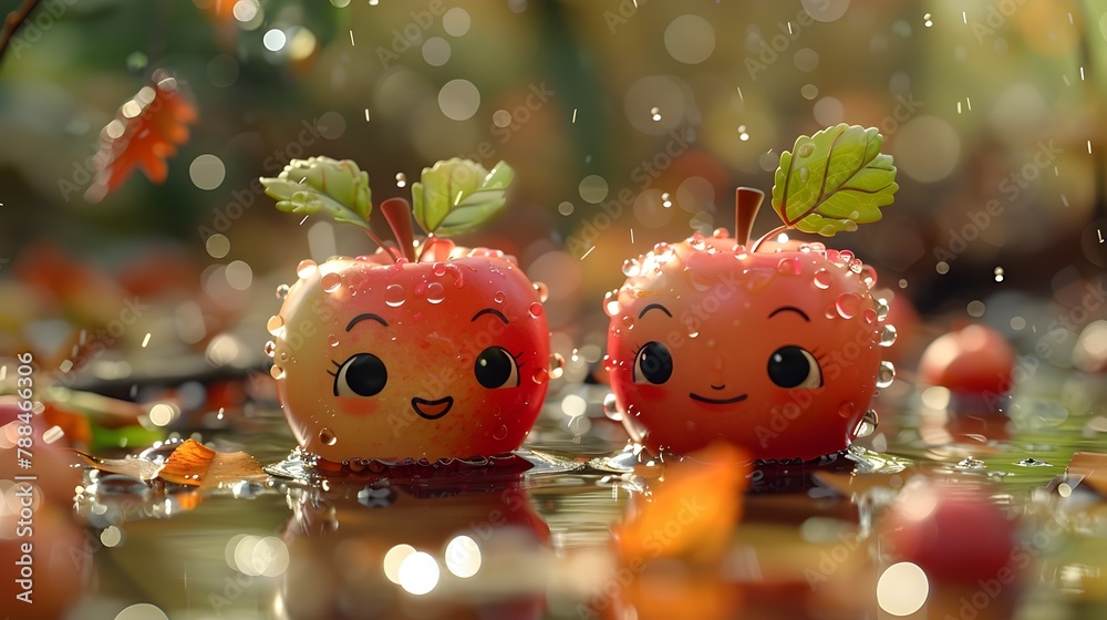 Adorable Smiling Apples in Autumn Leaves with Water Droplets on Whimsical Bokeh Background