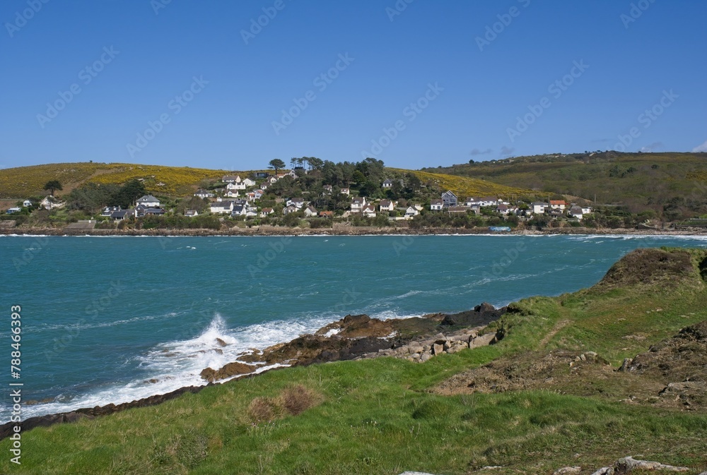 Wonderful landscapes in France, Normandy. Maupertus-sur-Mer Panorama. Brick bight. Sunny spring day. Selective focus.