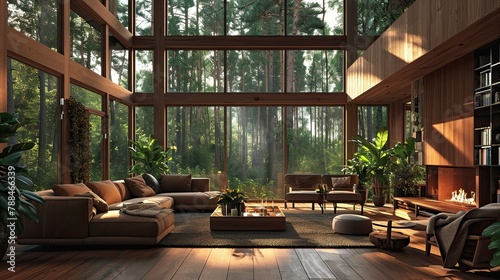 Modern eco green house or cottage in forest, living room interior with lots of houseplants, wooden furniture and panoramic windows, AI generated