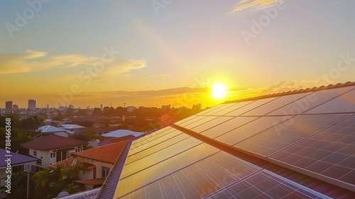Solar Panels on Modern Homes at Dawn: A Promise of Renewable Energy photo