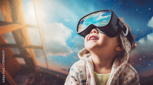 Young cute toddler Child playing with virtual reality headset. Exploring 3d virtual reality
 photo