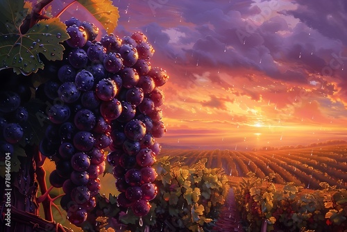 Dramatic Sunset over Lush Vineyards and Rolling Countryside Landscape,Showcasing the Beauty and Bounty of Winemaking and Viticulture in a Picturesque