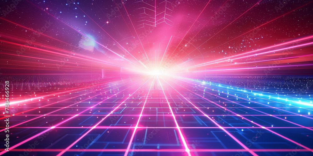 A retro synthwave background with neon grid lines and purple, blue and pink light rays. '80s aesthetic with glowing geometric patterns and grid structures. Retro Sci-Fi Background Futuristic Grid A retro synthwave background with neon grid lines and purple, blue and pink light rays. '80s aesthetic with glowing geometric patterns and grid structures. Retro Sci-Fi Background Futuristic Grid