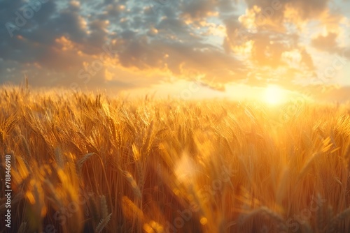 Golden Wheat Field at Sunset in Picturesque Countryside Landscape photo