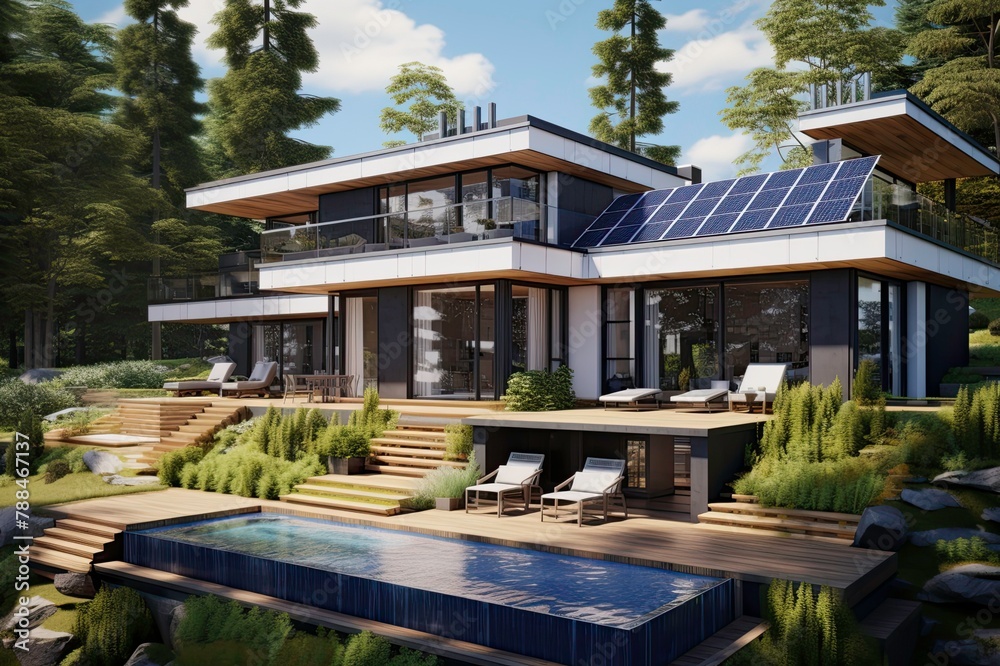 Grand Solar Powered Multi-Level House with Rooftop Deck and Pool