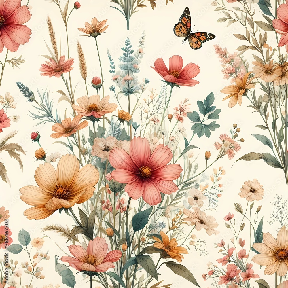 Elegant Vintage Floral Pattern with Butterfly Accent
