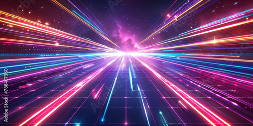 A retro synthwave background with neon grid lines and purple, blue and pink light rays.  '80s aesthetic with glowing geometric patterns and grid structures. Retro Sci-Fi Background Futuristic Grid  photo