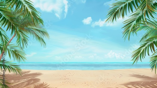 A tropical beach setting with palm trees and a blank area in the sand for text. 