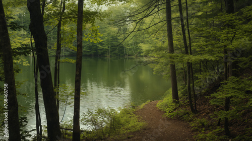 Tranquil lake beside hiking walk path in forest with green tall trees peaceful and quiet