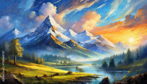 Oil painting of majestic landscape with mountains. Green nature. Beautiful natural scenery.