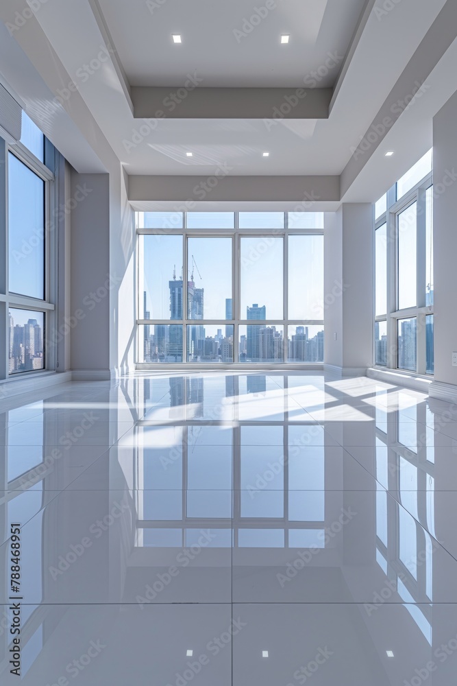 Fototapeta premium Empty modern apartment room with large windows and a view of the city skyline