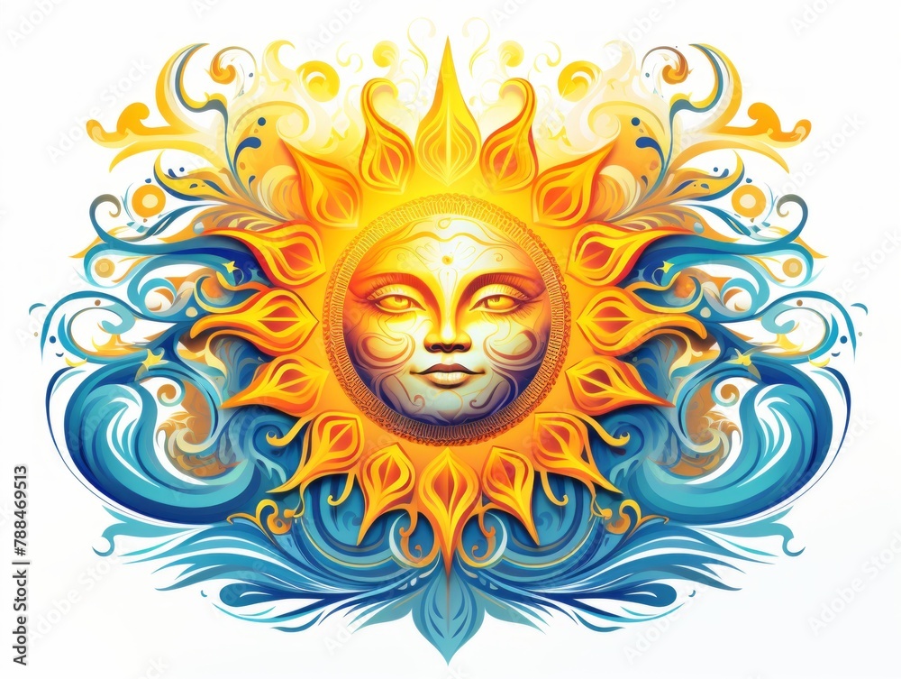 Illustration in the style of a stained glass window with abstract sun,round image