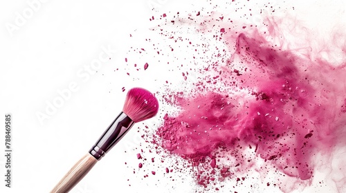 A makeup brush with pink powder on it, flying in the air, with a white background and wood handle. Generated by artificial intelligence.