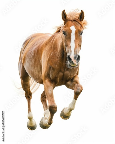 a brown horse with a white stripe running