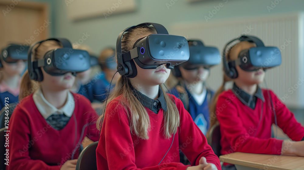 Modern Children are sitting in classroom at school with virtual reality head set Modern Children are sitting in classroom at school with virtual reality head set