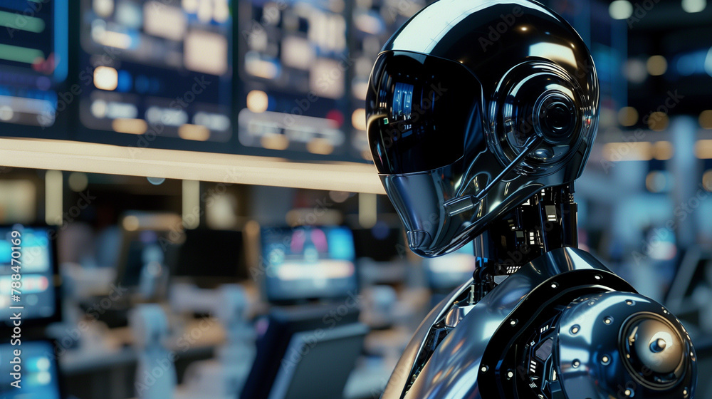 Futuristic robot in a high-tech control room Futuristic robot in a high-tech control room