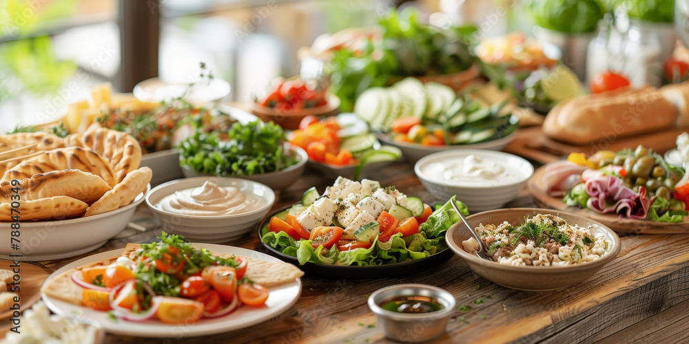 Greek food dishes on the table, top view