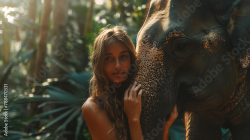 beautiful girl in a swimsuit stands next to an elephant in the jungle, long hair, tropics