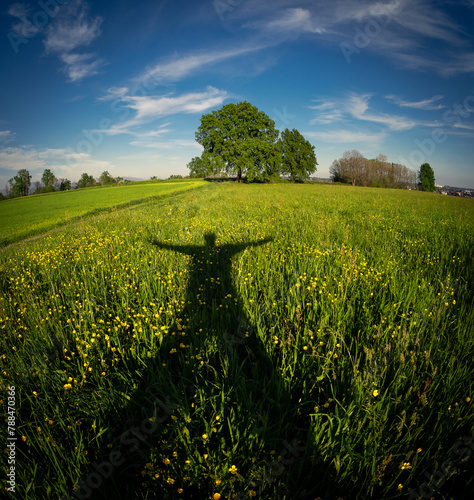 Gigantic human shadow cast on a flowering meadow