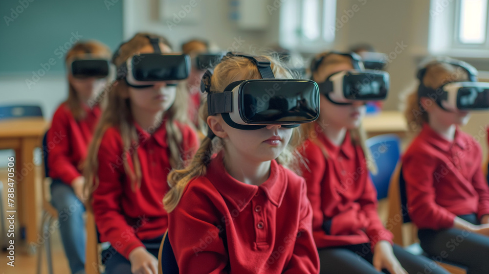 Modern Children are sitting in classroom at school with virtual reality head set Modern Children are sitting in classroom at school with virtual reality head set