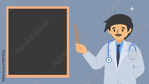 Doctor character speaking for presentation, blackboard, copy space for text. 4K video Footage with Doctor and blackboard. Male or man hold stick and speaks for presentation photo