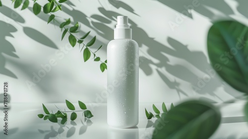 A white plastic matte cosmetic bottle with a few drops of dew on it  is surrounded by green leaves. Generated by artificial intelligence.