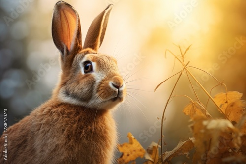 Intricate Side view portrait of wild rabbit. Brown cute hare in nature grass. Generate ai photo