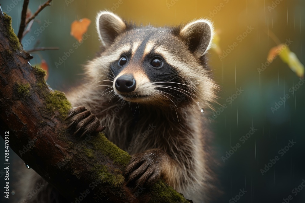 Obraz premium Alert Raccoon animal baby. Forest mammal. Generate Ai