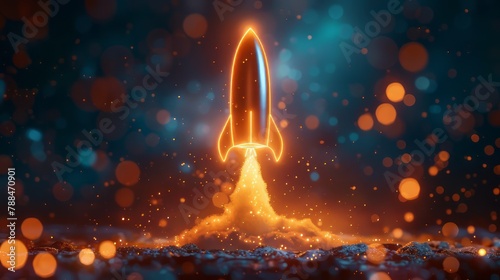 A rocket is flying through the sky with a trail of fire behind it. The image has a sense of motion and excitement, as if the rocket is taking off into the unknown