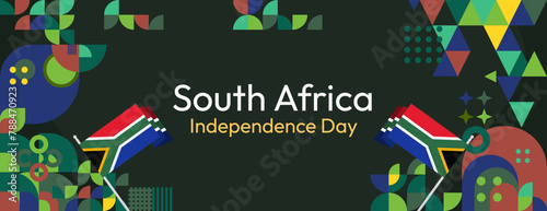 South Africa National Independence Day wide banner. Modern geometric abstract background in colorful style for South Africa day. South African Independence greeting card cover with country flag.